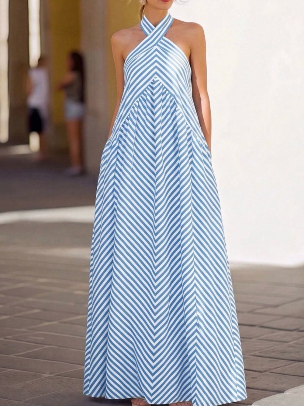 Blue Boho French Vacation Women's Loose Flowy Striped Halter Long Dress